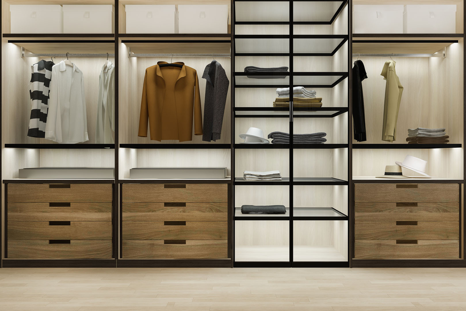 3d rendering minimal scandinavian wood walk in closet with wardr