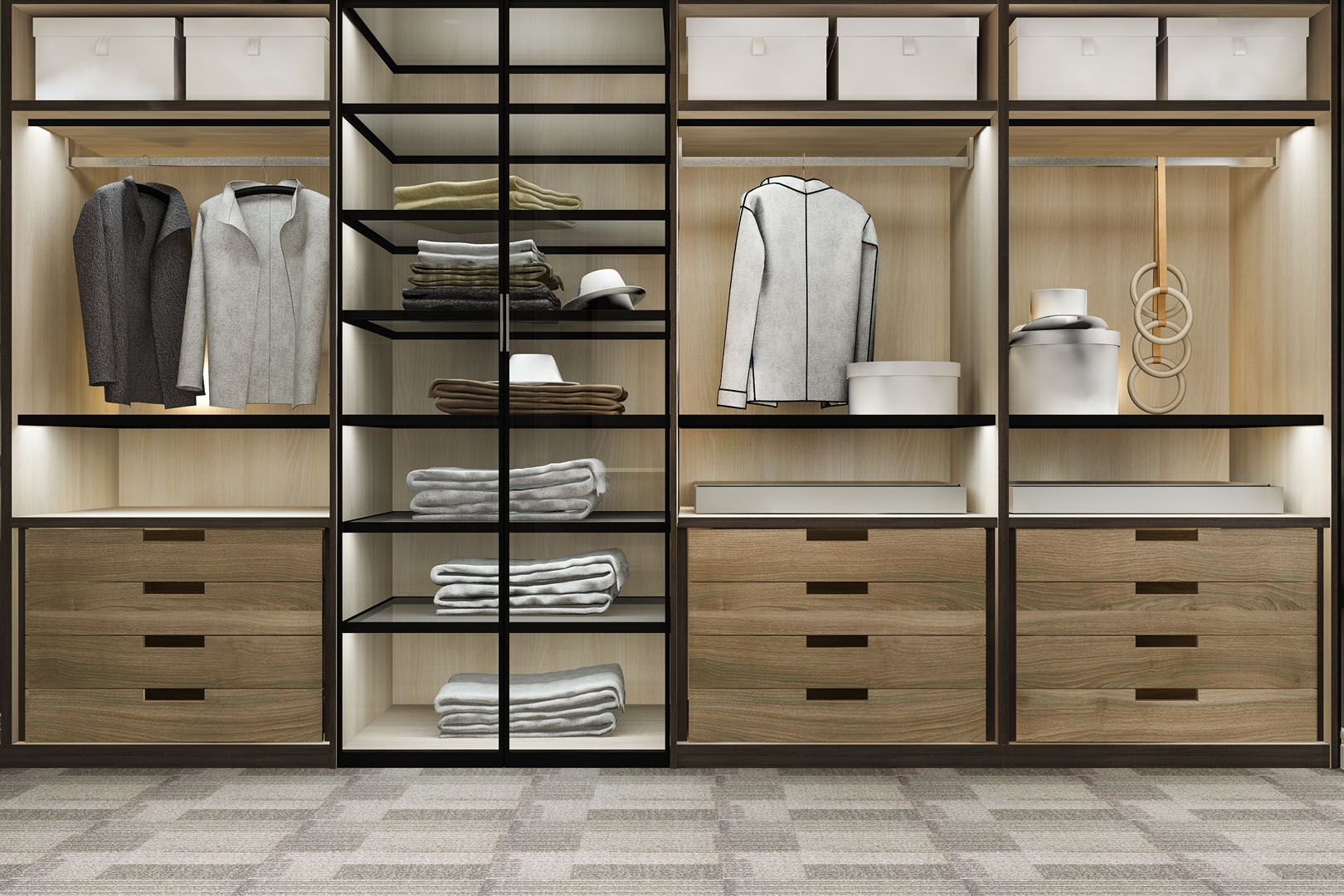 3d rendering minimal scandinavian wood walk in closet with wardr