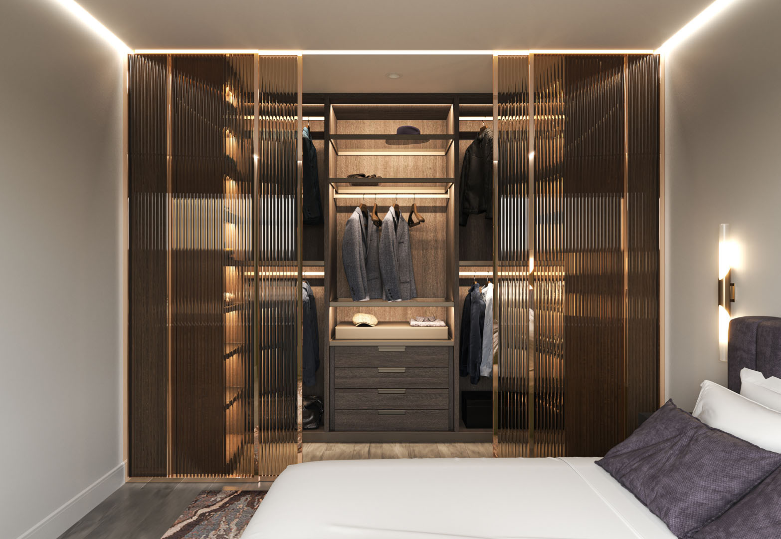 Luxury studio apartment loft style in light and dark colors. Stylish modern room area with wooden wardrobe. 3d render illustration.