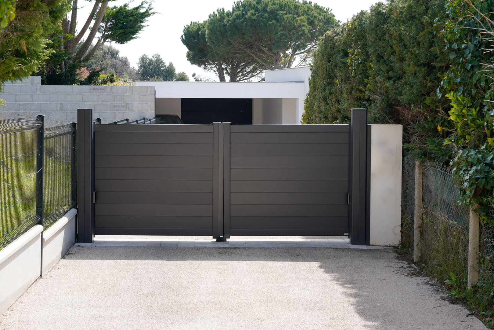 black dark home door aluminum gate slats portal garden of suburb