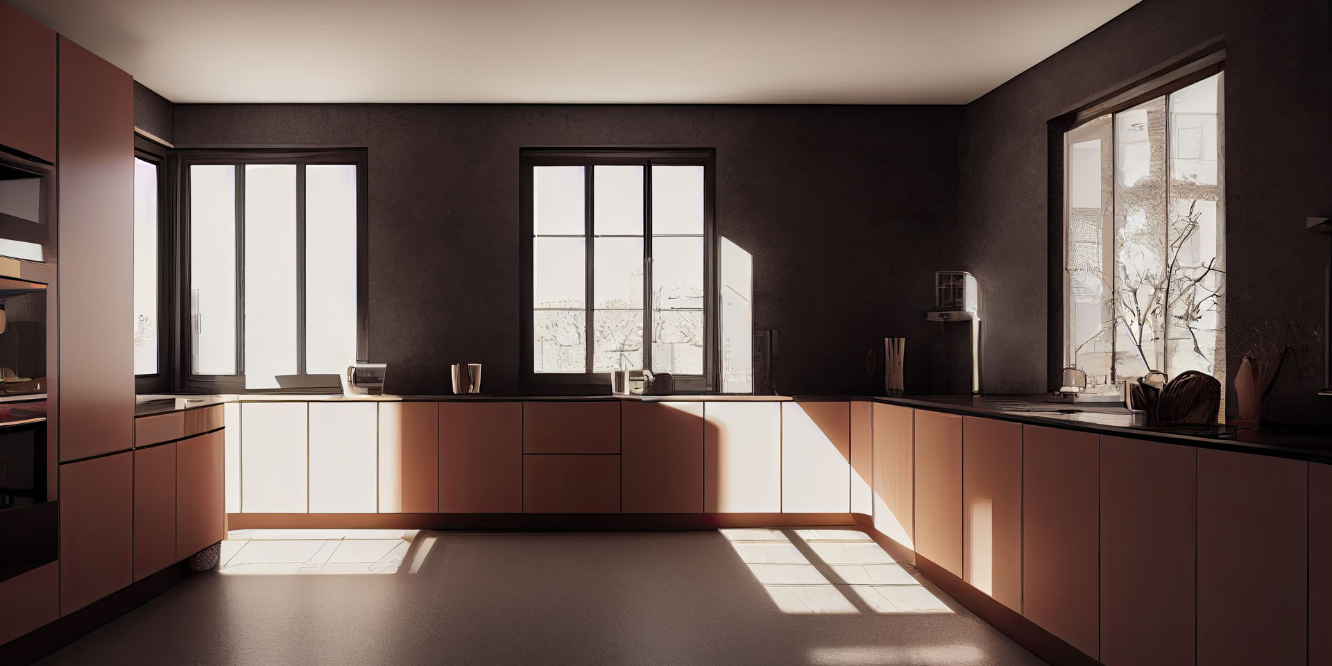 Modern Contemporary kitchen room interior. warm tone. Generative AI illustration.