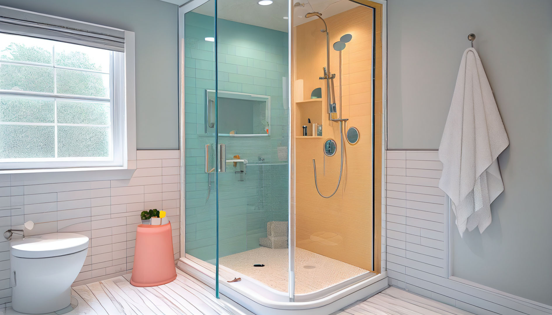 photo interior of modern bathroom with shower box