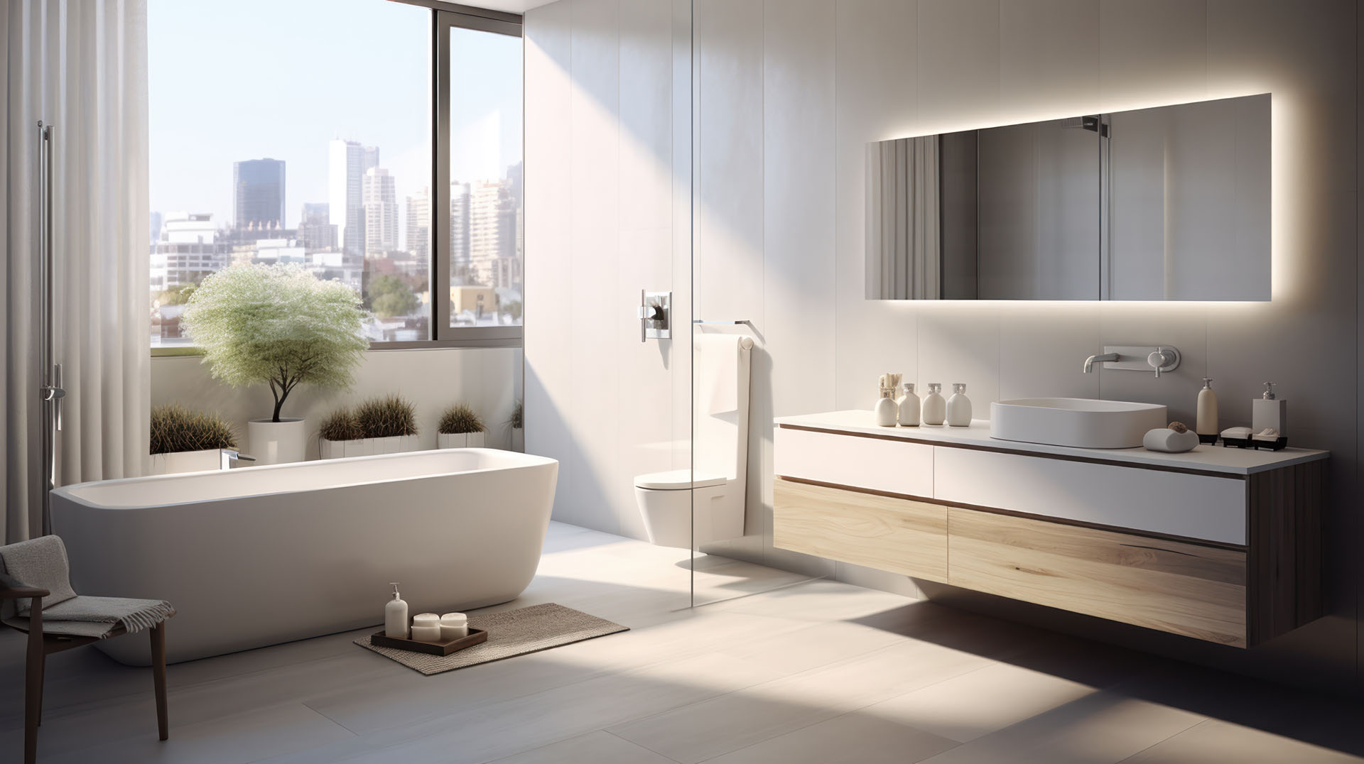 White and modern furniture adorns the bathroom walls.