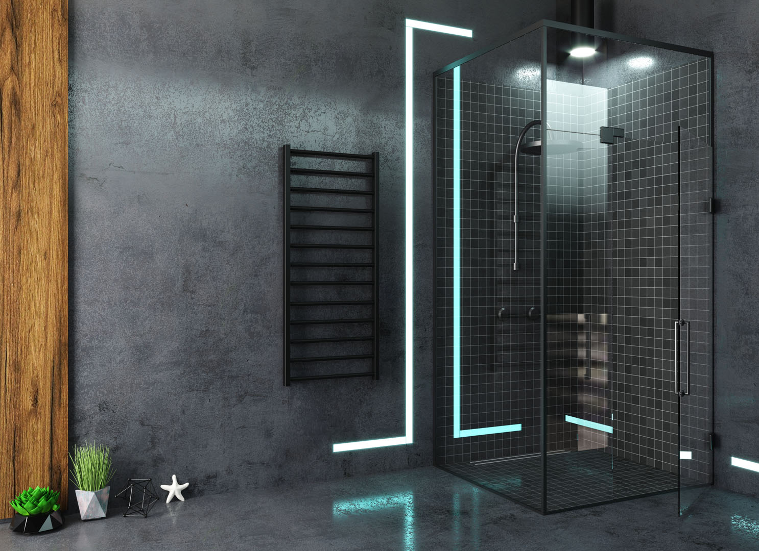 Modern dark glass shower room with led