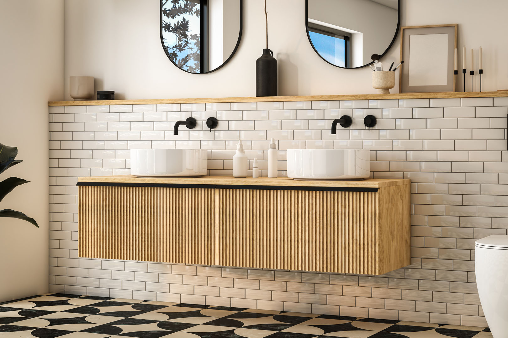 Realistic render of white sink on a wooden countertop in a bathr