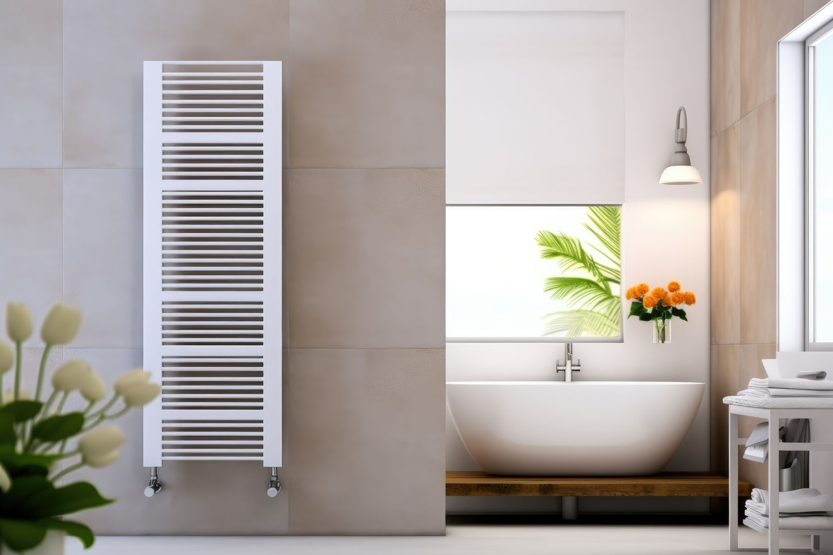 Bathroom with white radiator, window, and plants